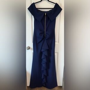 Betsy & Adam Off The Shoulder Fitted Navy Dress Ruffle Back Size 12